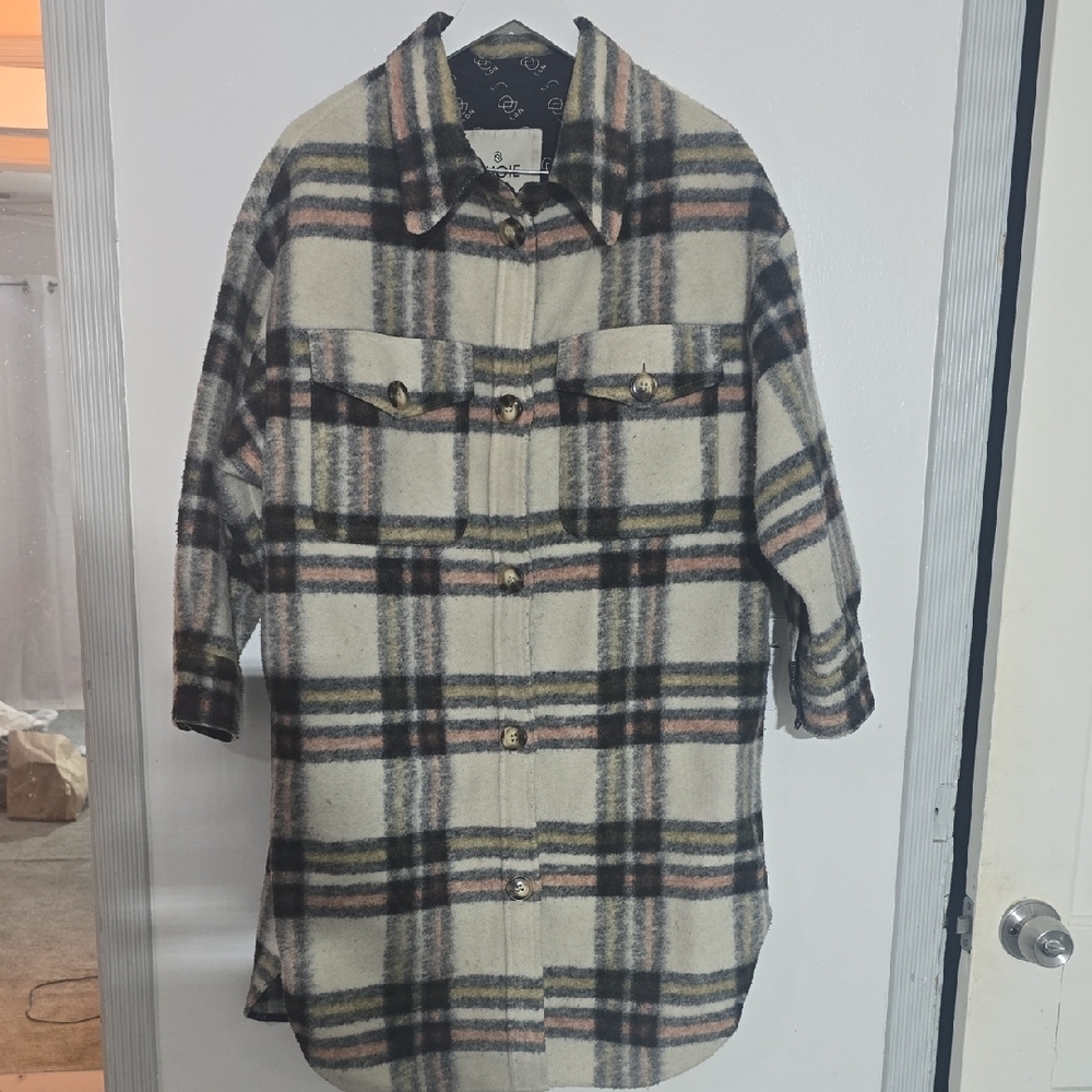 Ducie London Abi Brushed Wool Lined Long Shacket in Black Orange Check One Size.